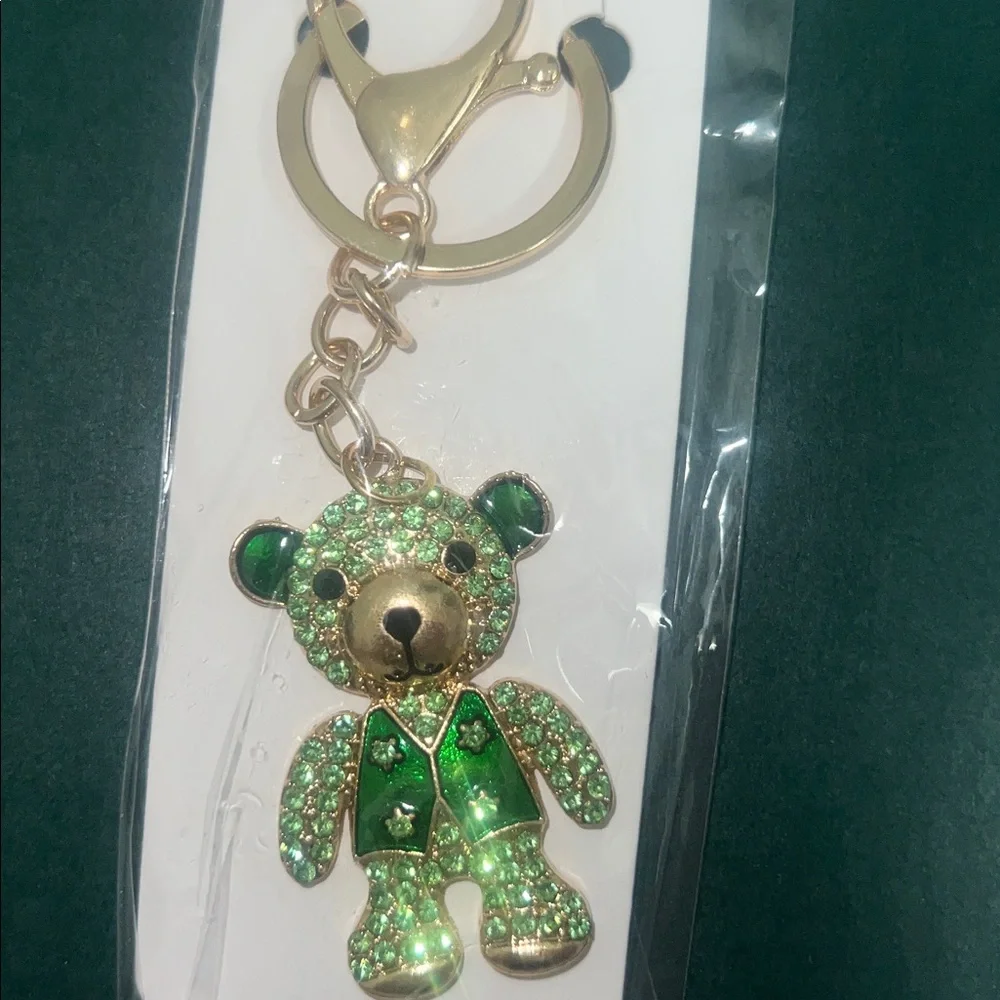 NEW MINT Green Rhinestone Teddy Bear Keychain Bag Charm Gold Tone